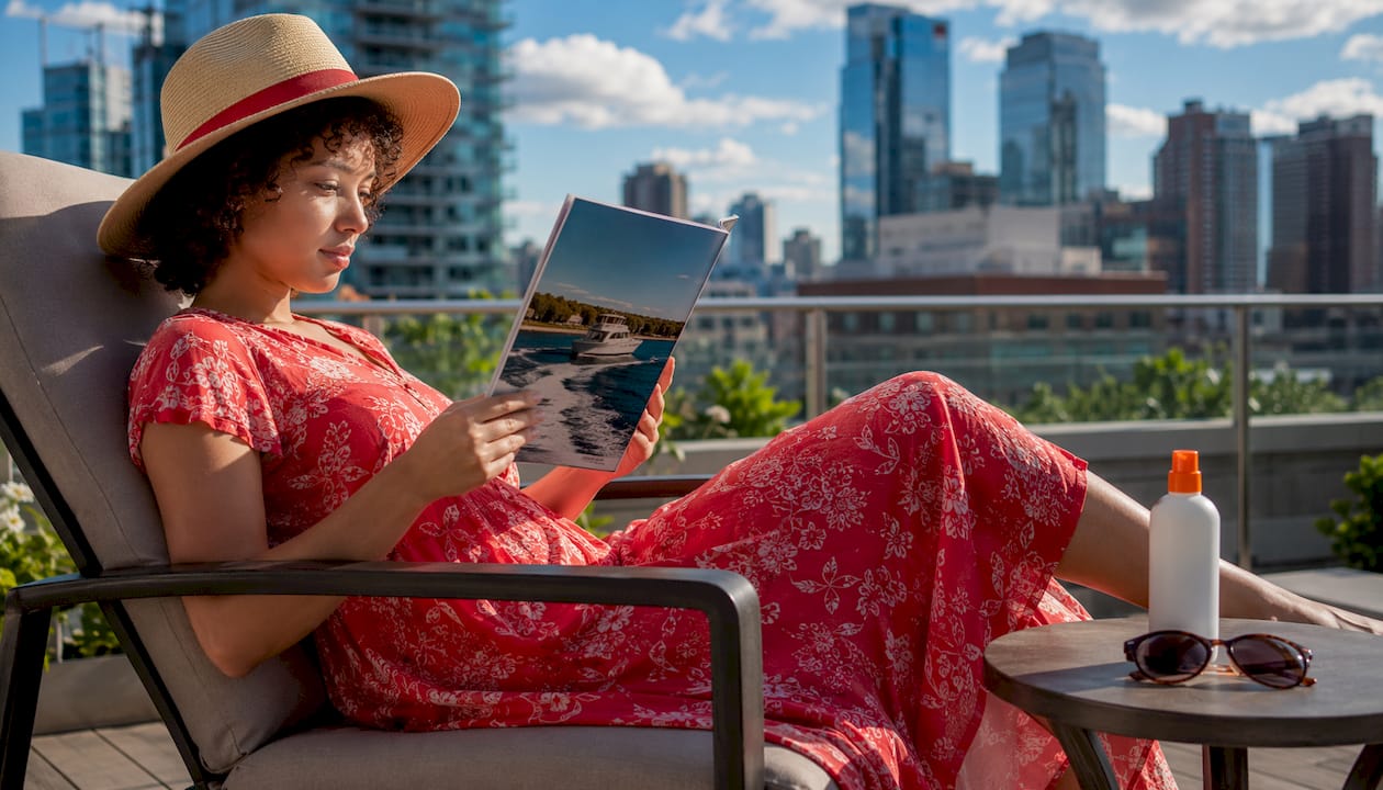 Woman reading print boating magazine outdoors