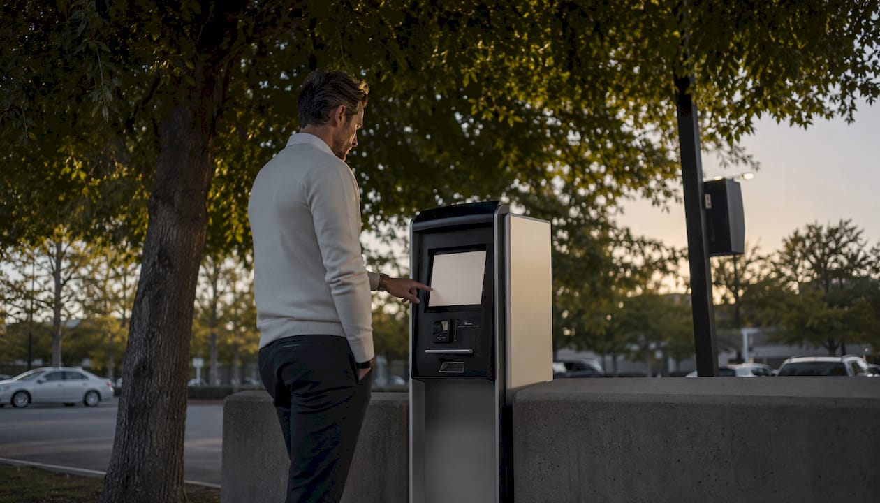 Man using Amano parking payment kiosk in garage