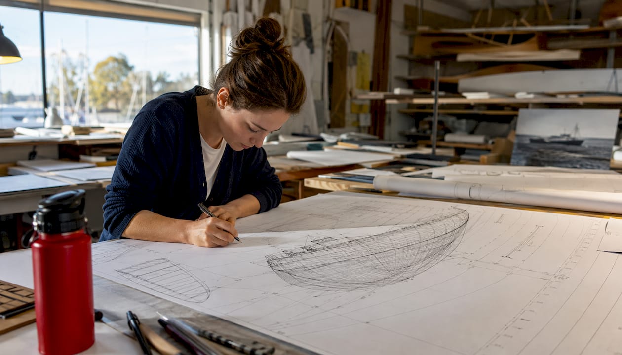 Naval architect reviewing displacement hull diagram