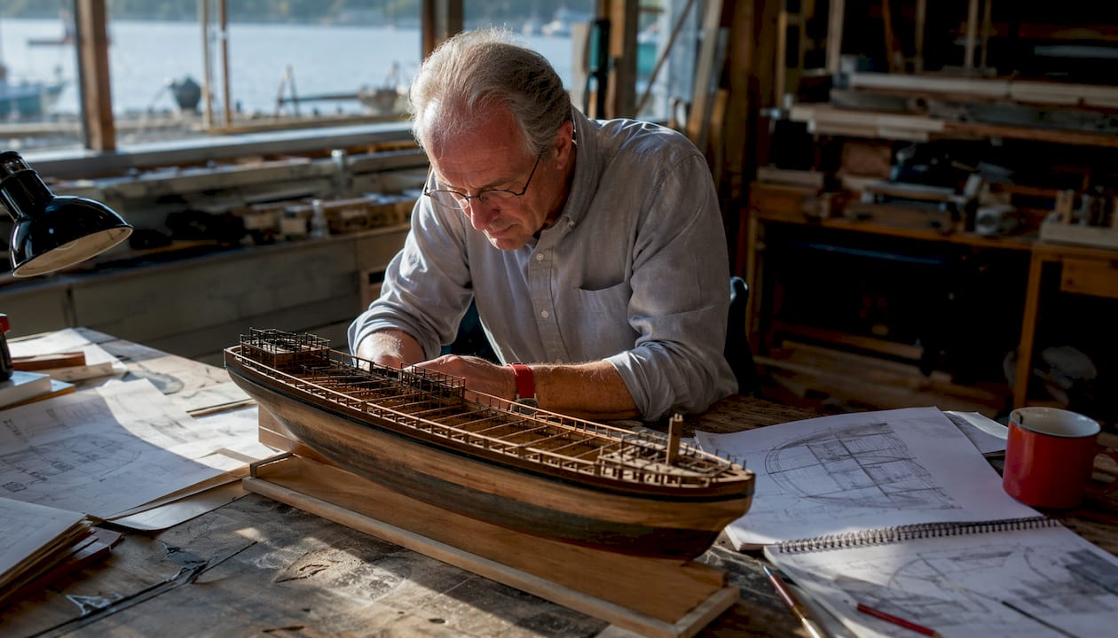 Engineer studying detailed ship hull model