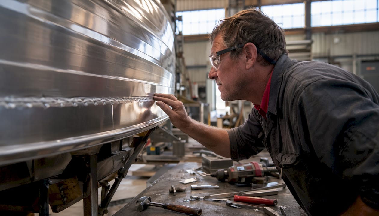 Shipbuilder inspecting aluminum hull section in workshop