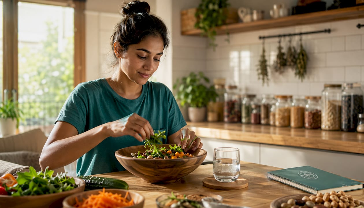 Woman preparing healthy mood-boosting meal