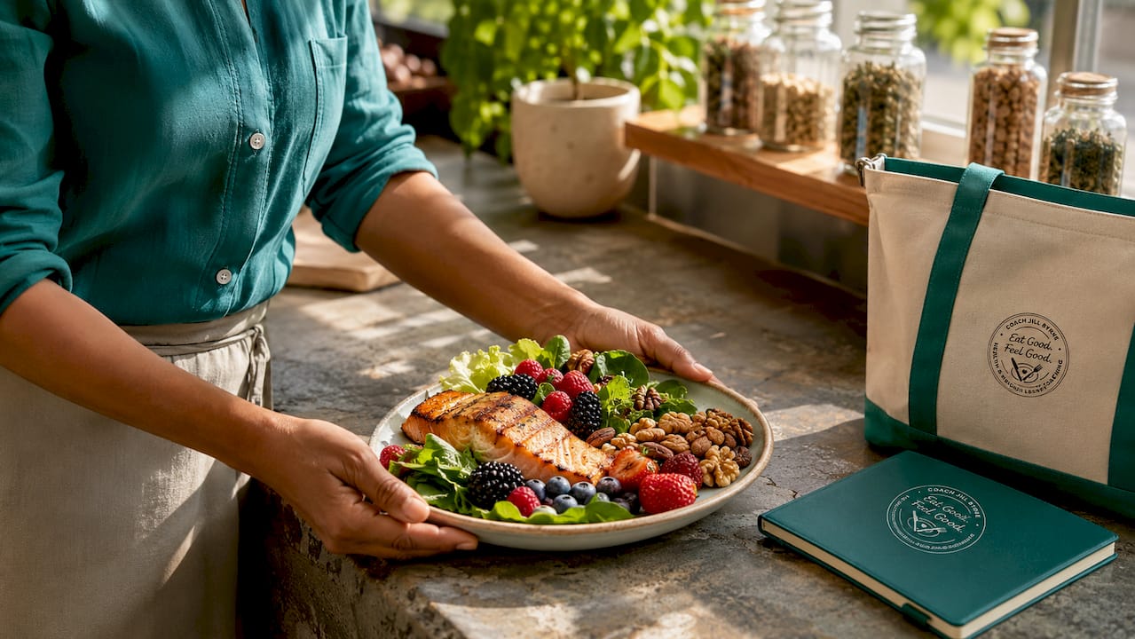 Bowl of brain-healthy nutrient-rich foods overhead view