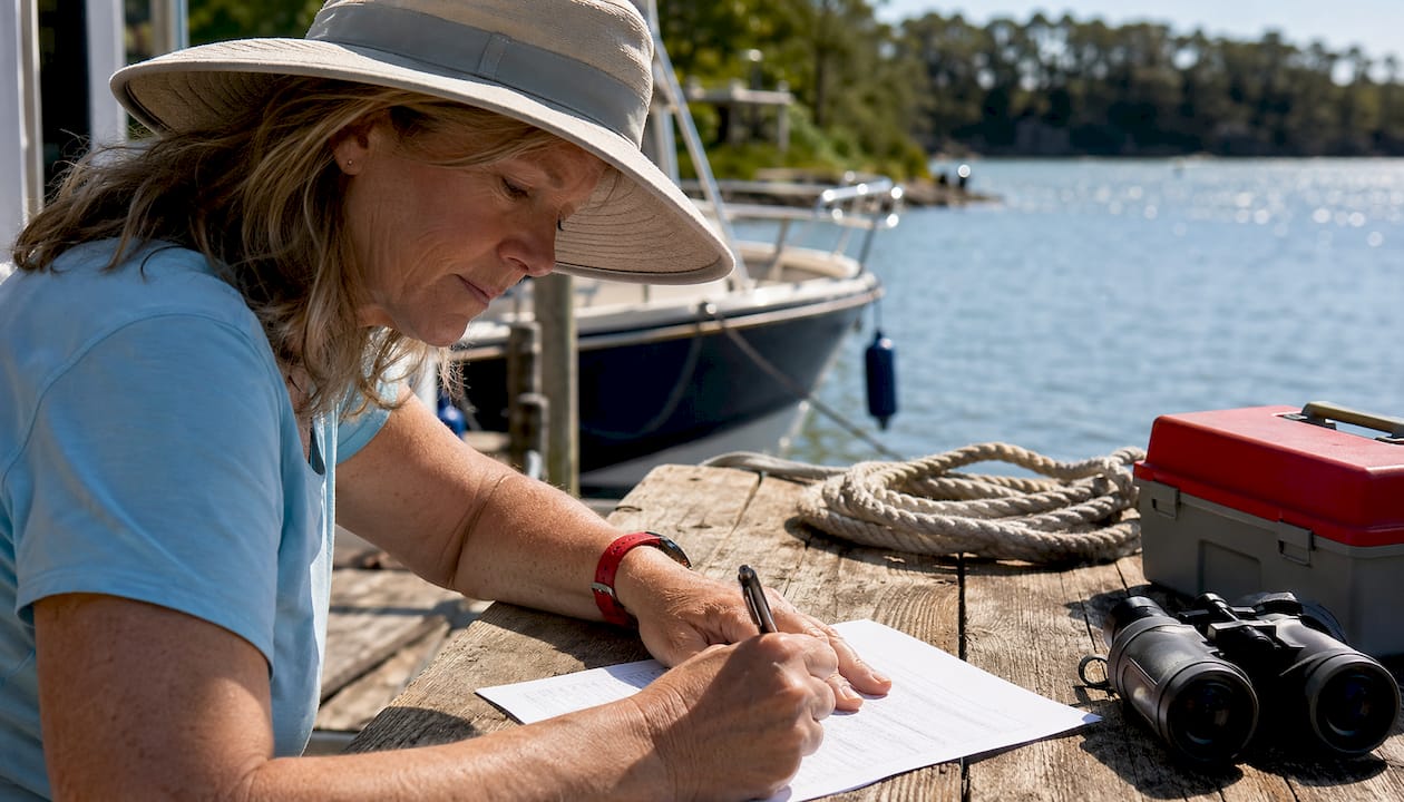 Boat owner completing MMSI registration form outdoors