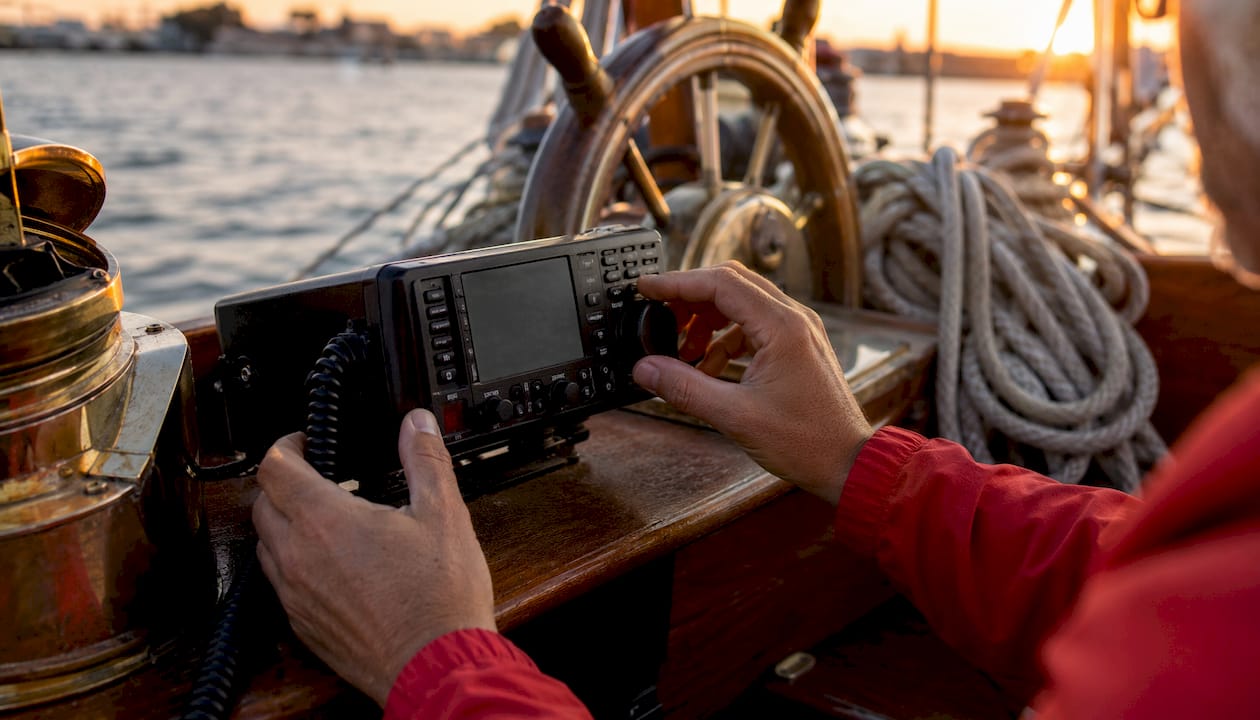 Hands programming marine radio MMSI number