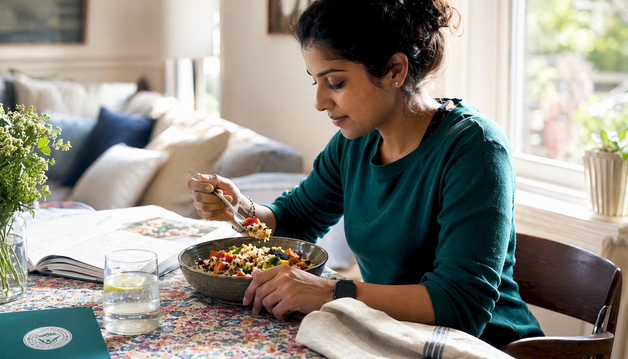 Woman eating healthy oat breakfast