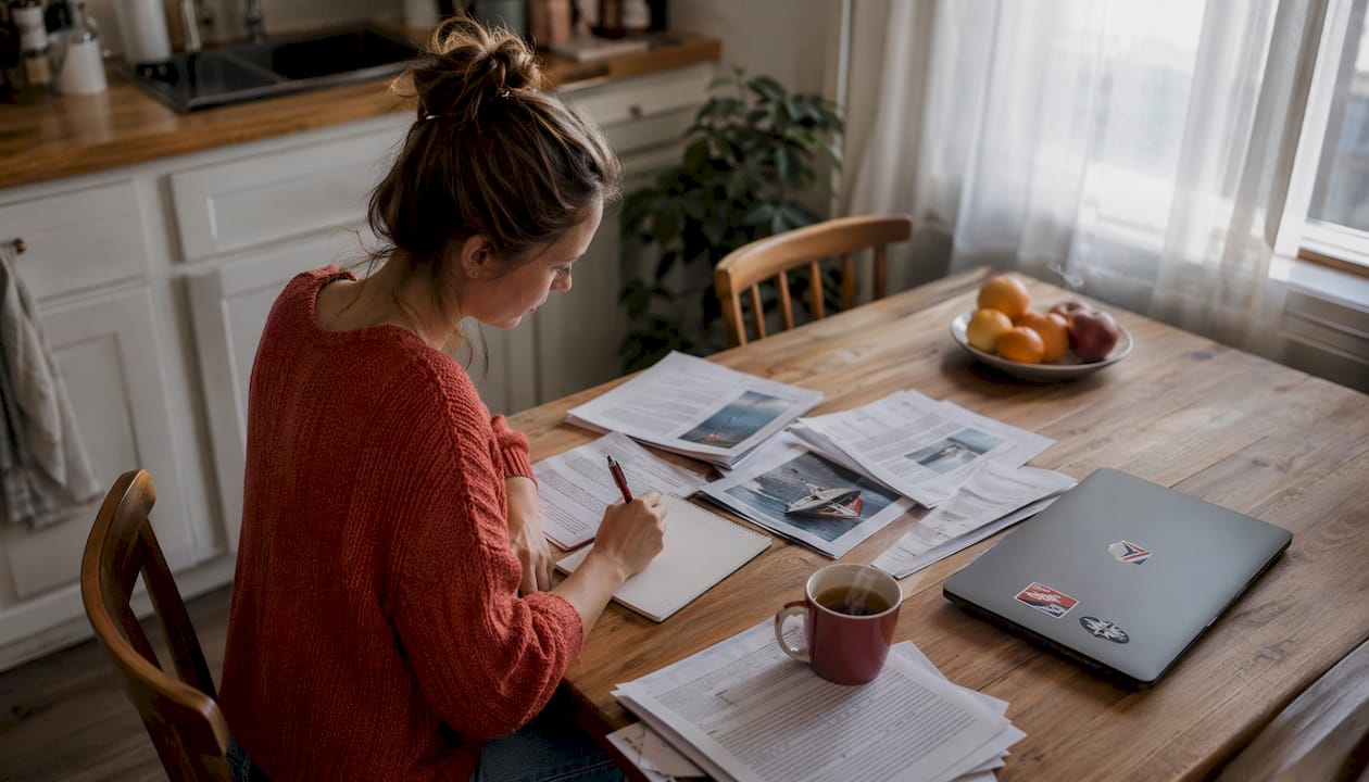 Woman studying boating safety materials at home desk