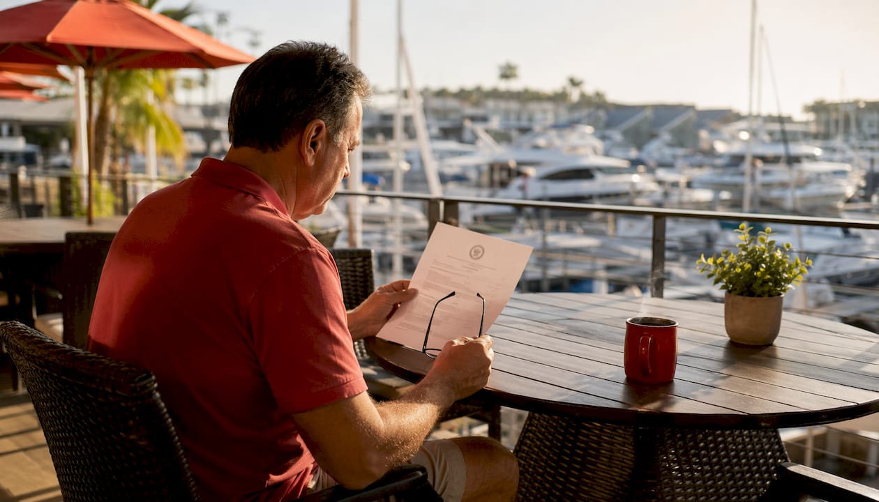 Man reviewing boating safety certification papers outdoors