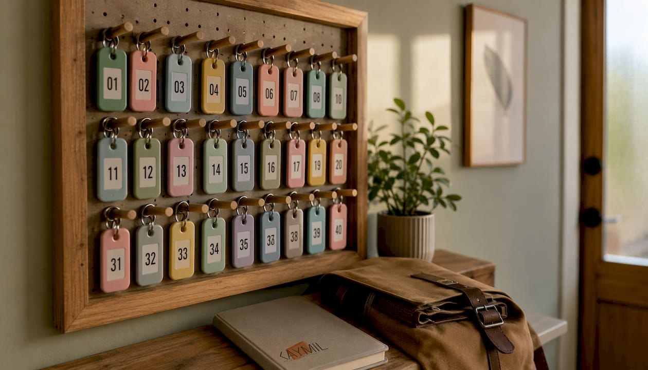 Close-up of valet key tag pegboard storage