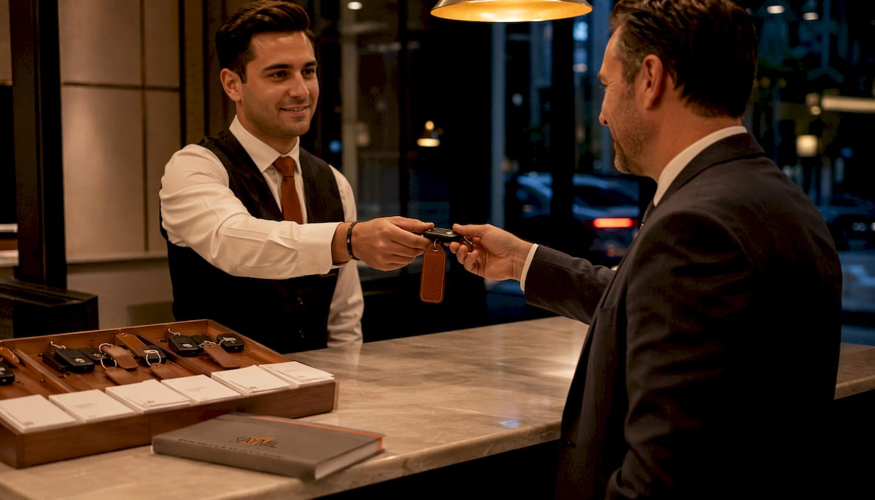 Valet attendant handing key with tag to guest