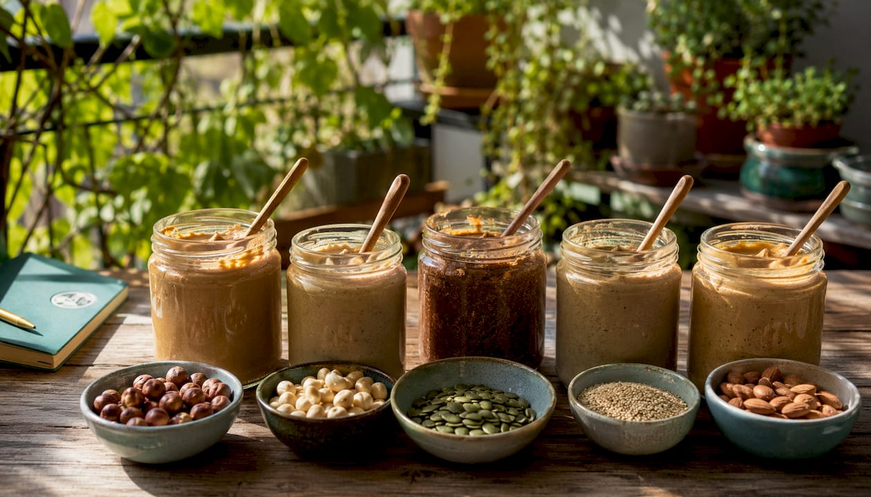 Jars of natural nut butters with nuts and seeds