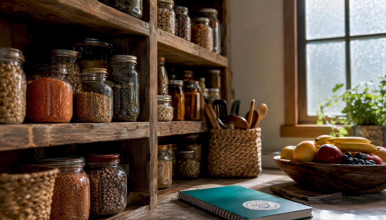 Organized pantry shelves with healthy staples