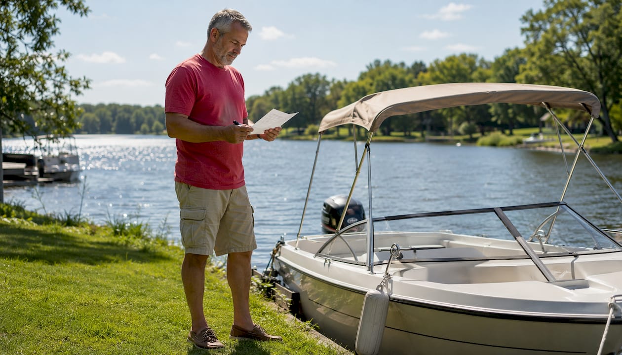 Boater reviewing boat registration numbers beside motorboat