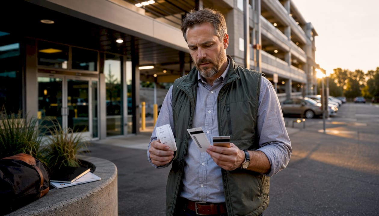 Parking manager holding various ticket media