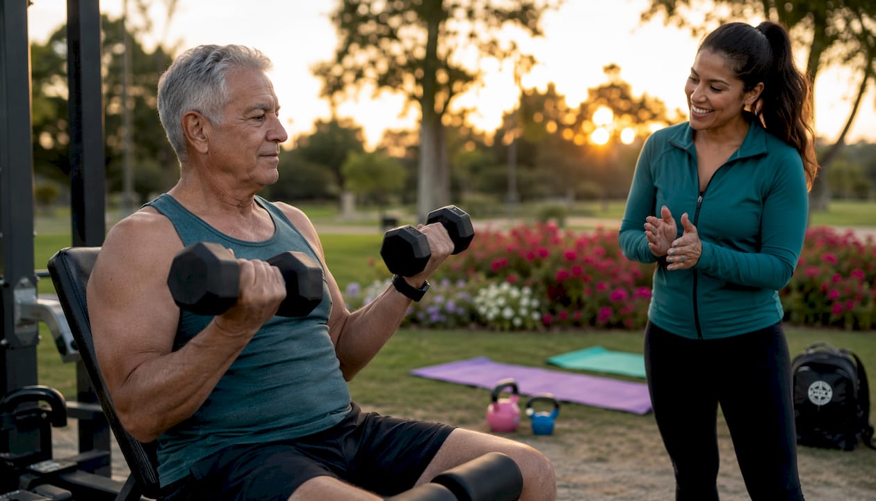 Senior man strength training muscle preservation session