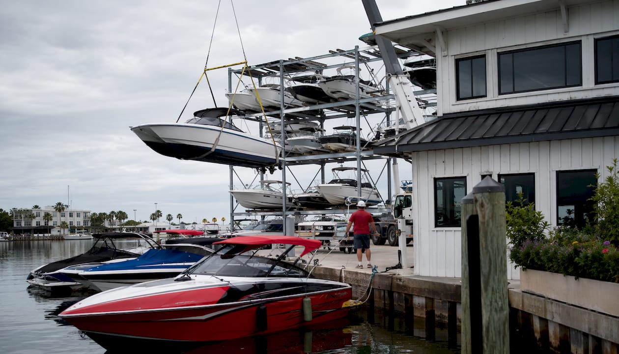 Marina with stacked boat storage and cranes