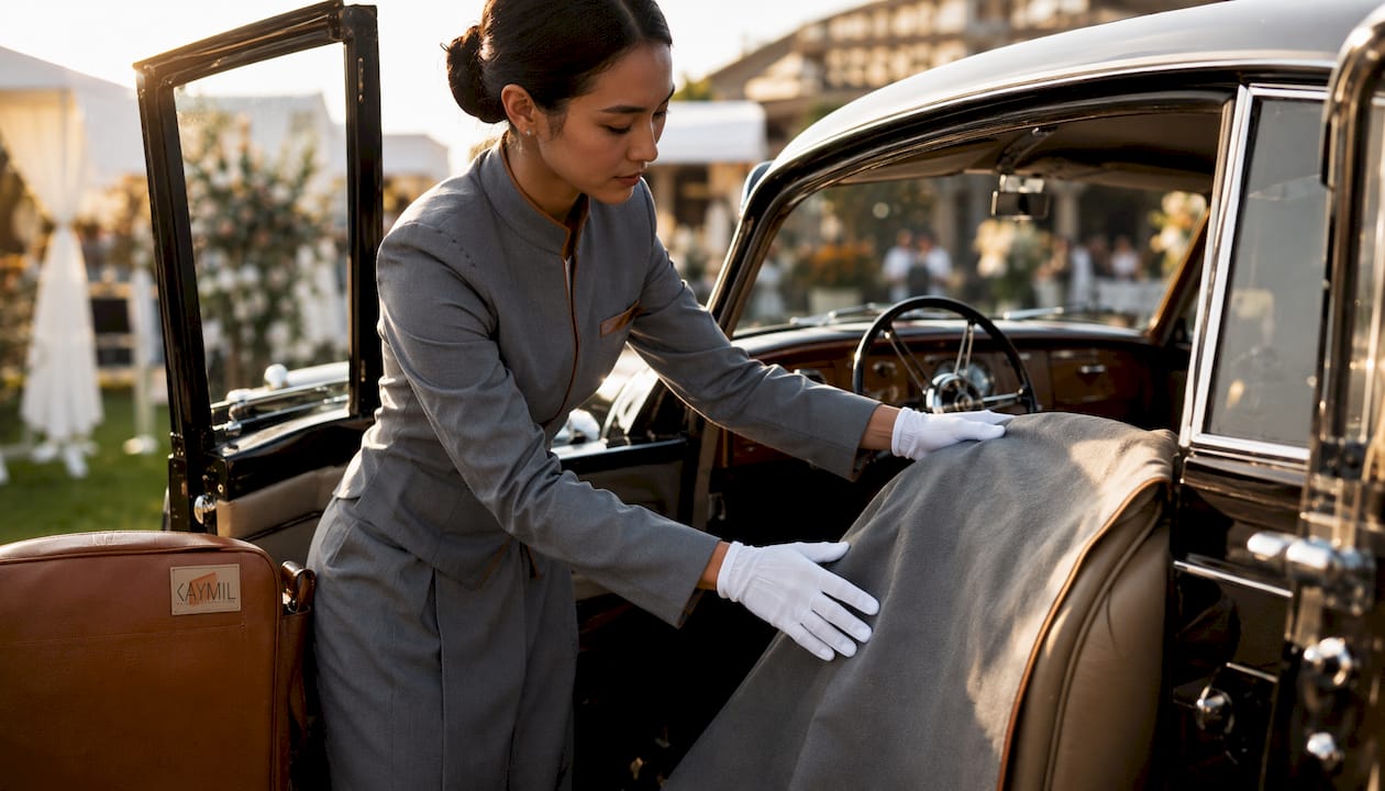 Valet placing seat cover inside classic car door