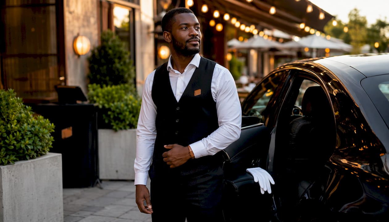 Valet attendant opening luxury car door with white gloves