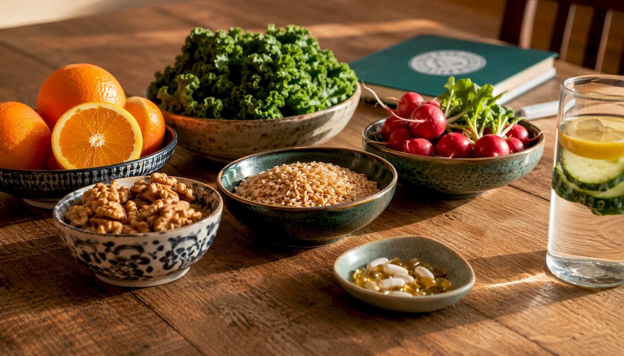 Flat lay of fresh fruits, vegetables, and supplements
