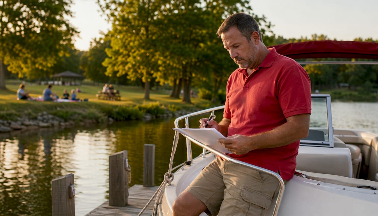 Boater reviewing USCG license documents on boat deck