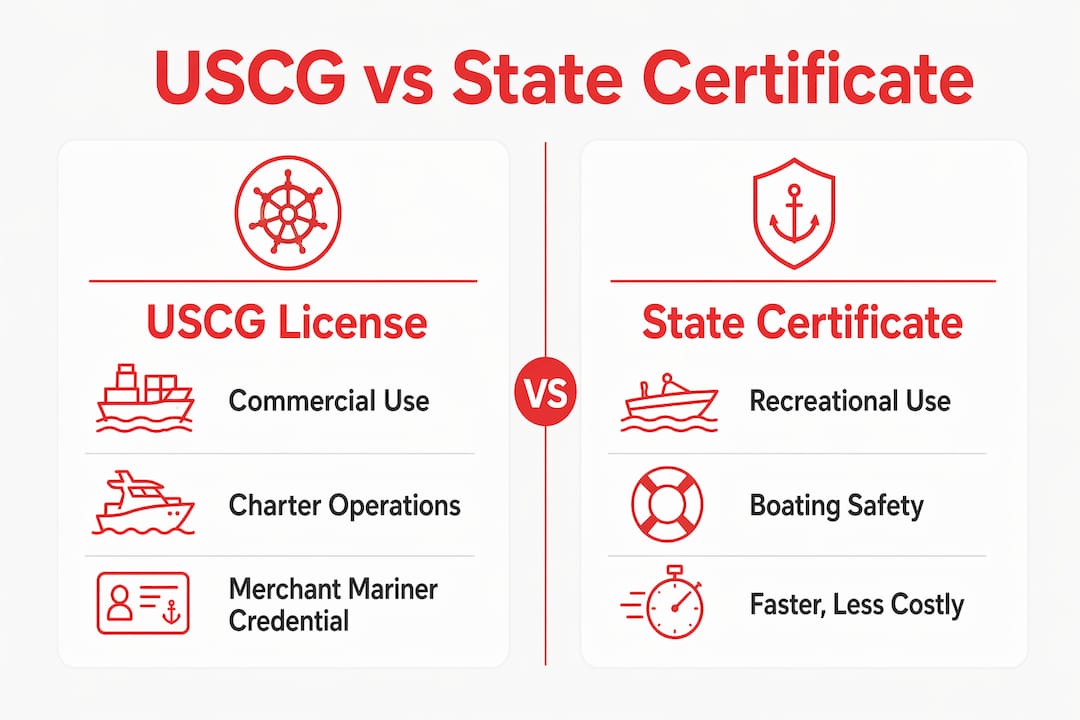 Infographic comparing USCG license and state boating certificate requirements