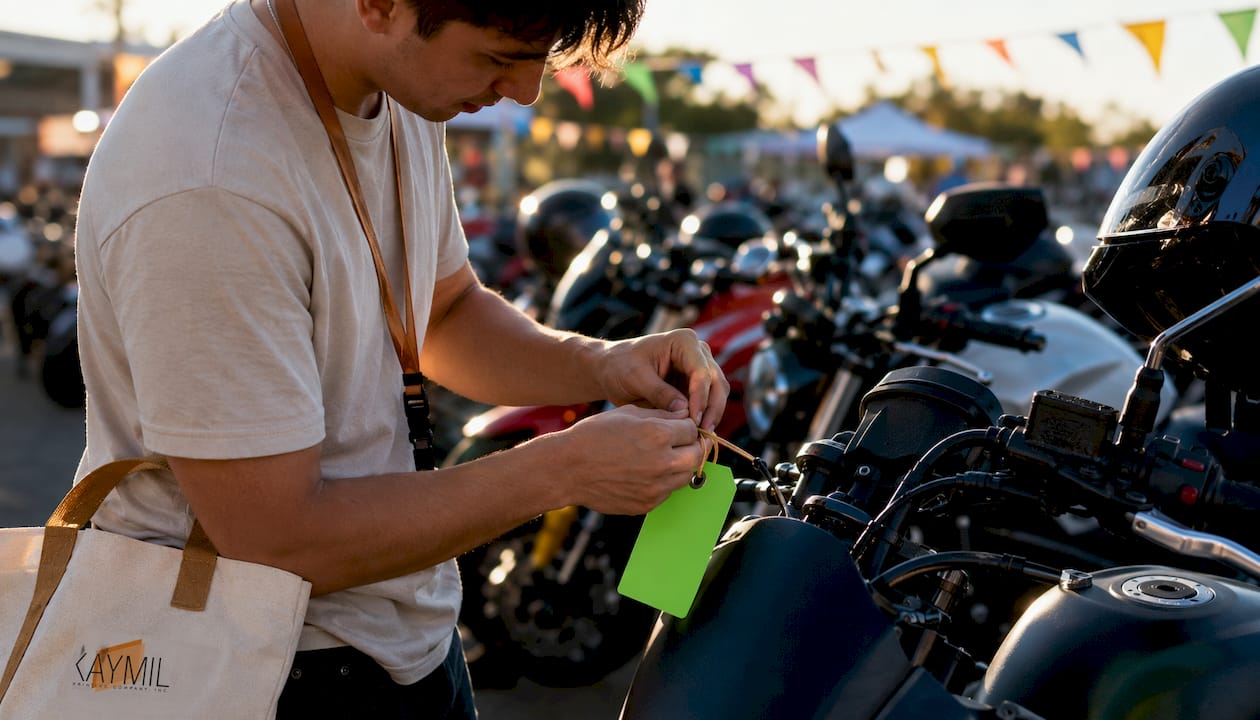 Hands attaching hang tag parking permits outdoors