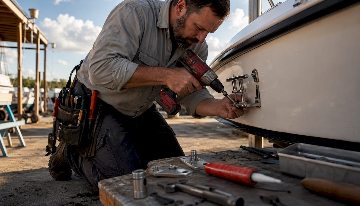 Technician installing marine cleat with tools