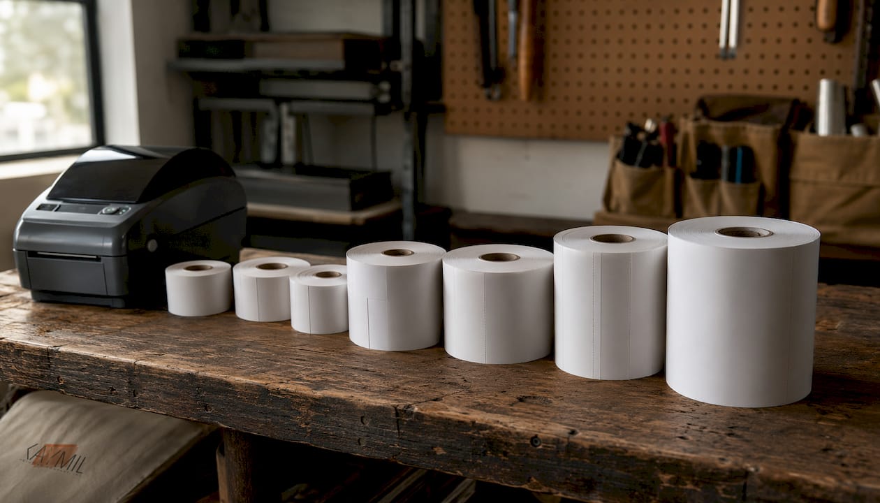 Close-up of various spitter ticket rolls and industrial printer