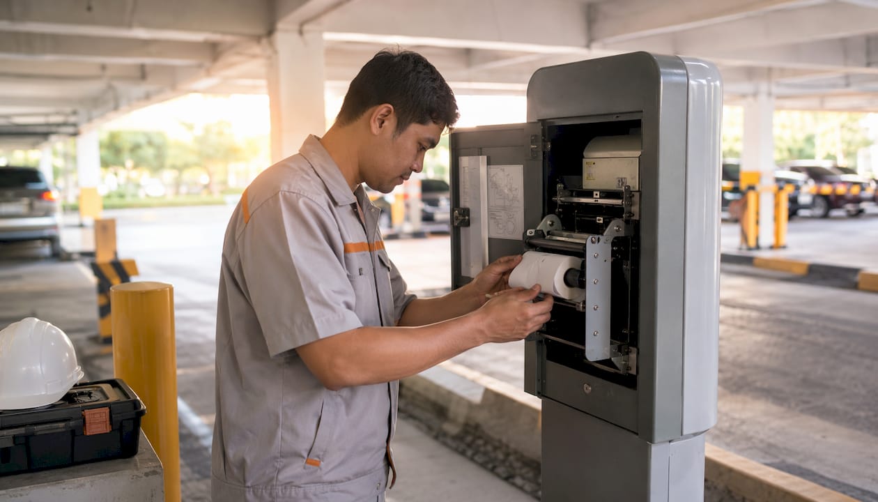 Technician loading spitter ticket dispenser at entry lane