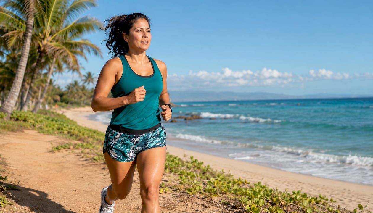 Woman jogging outdoors in urban park at sunrise