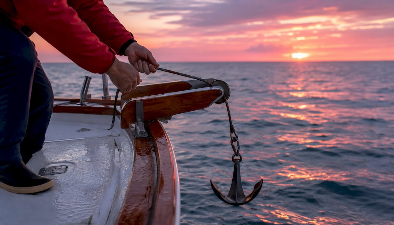Hands lowering anchor chain from boat