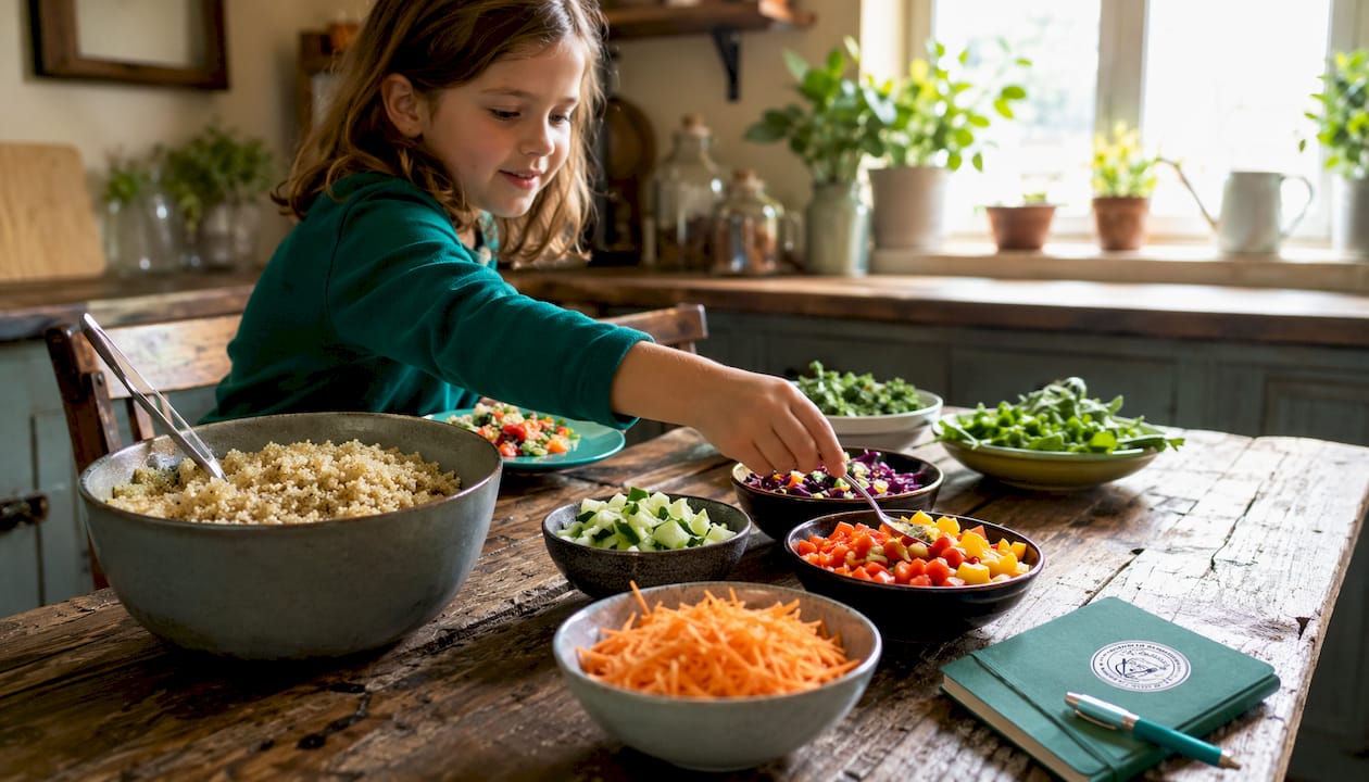 Child adding vegetable toppings to rice on plate
