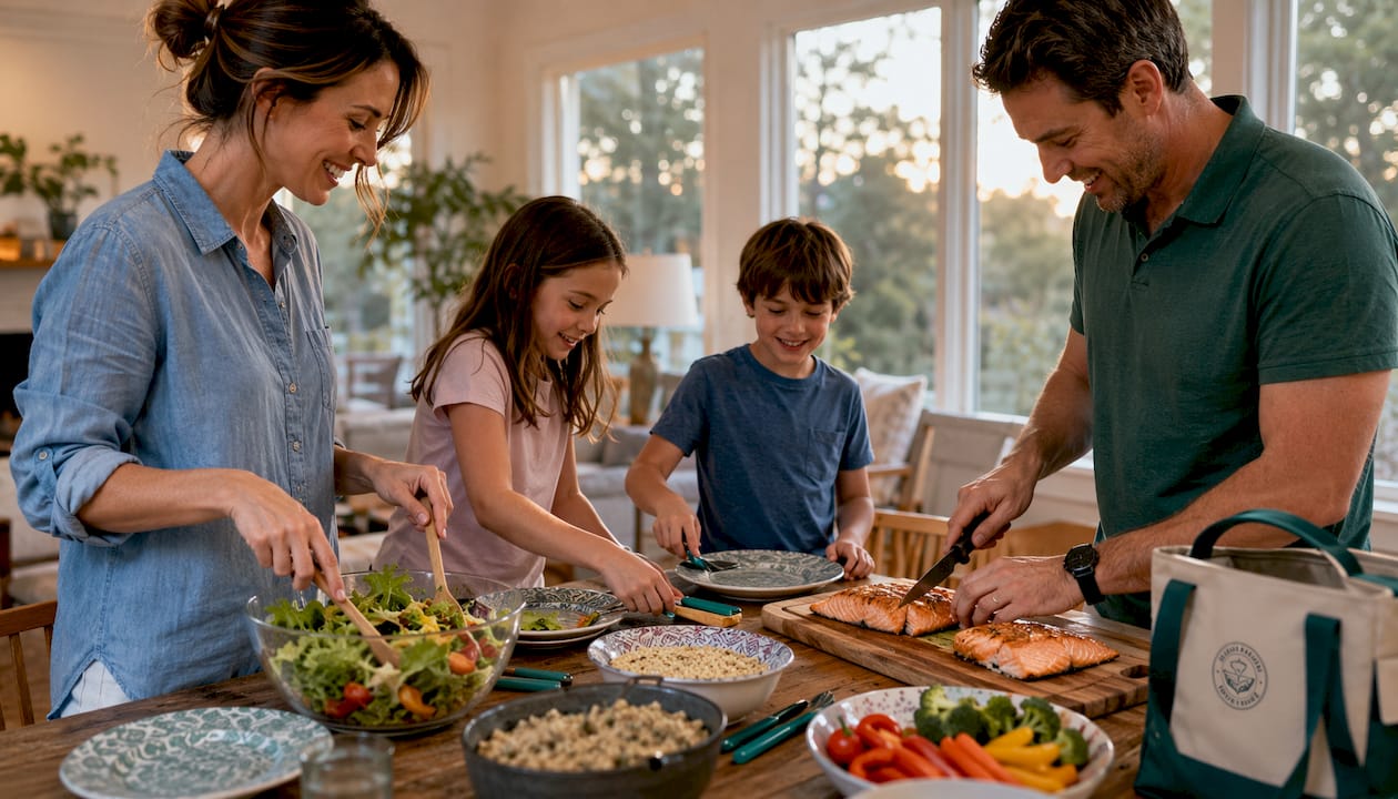 Family preparing healthy dinner in kitchen together