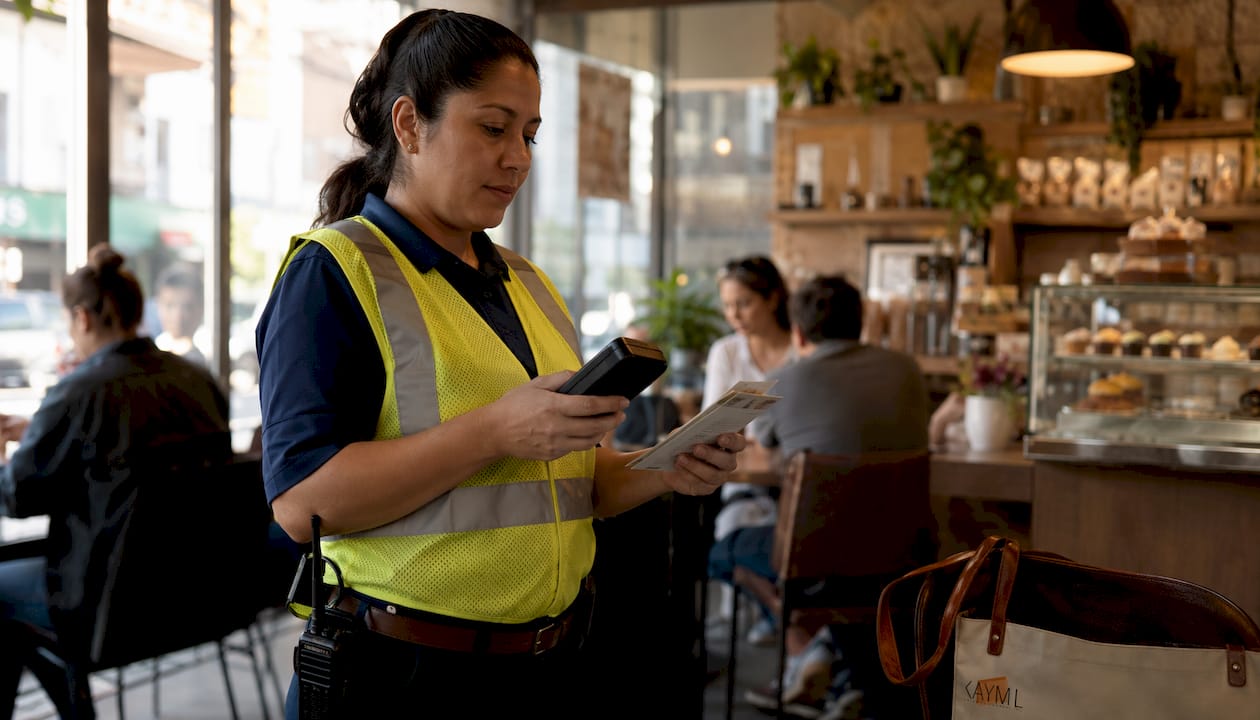 Parking operator reviewing tickets outdoors