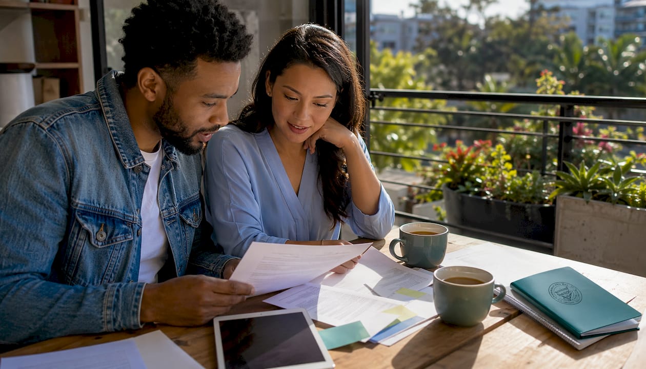 Couple reviewing premarital health documents together