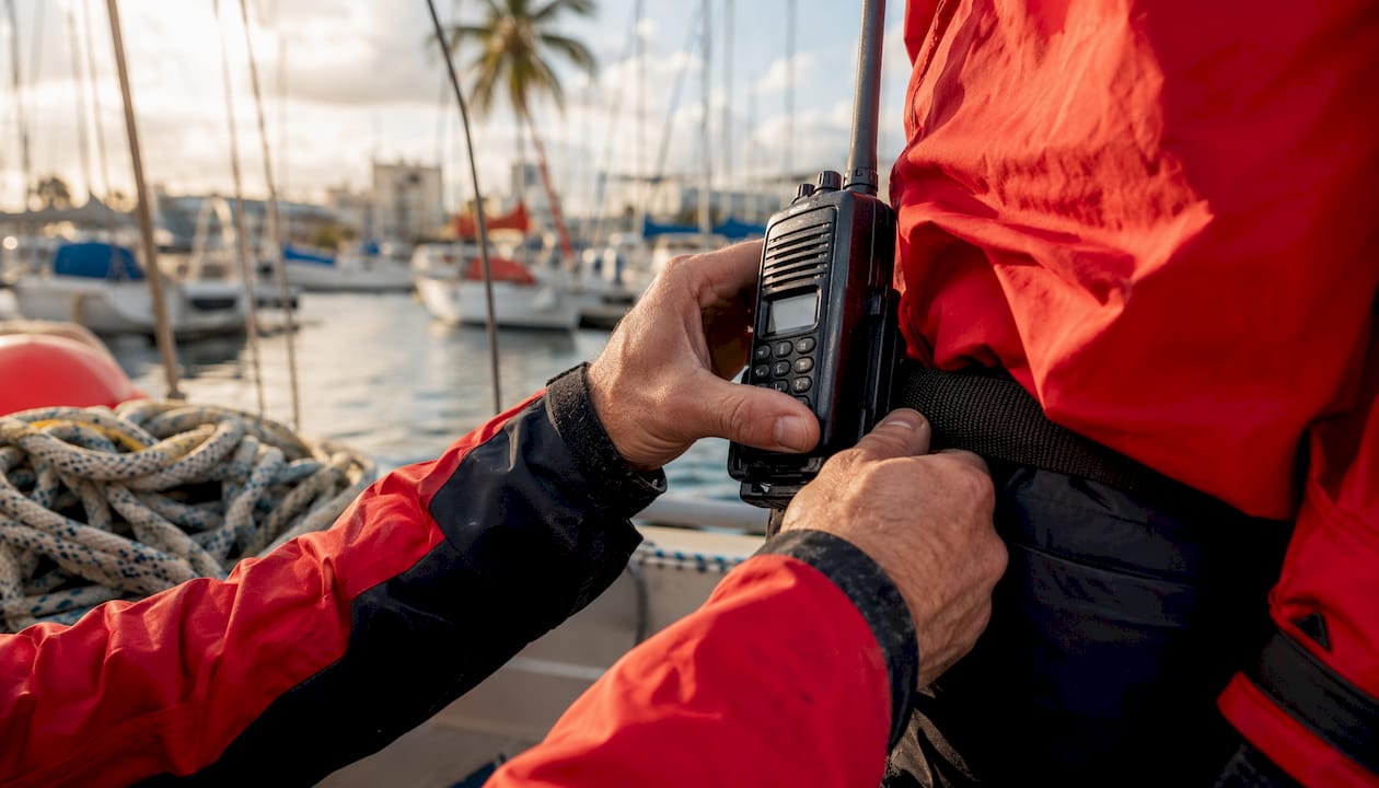 Hands attaching handheld radio on sailboat cockpit