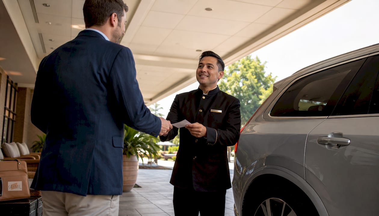 Valet attendant giving multi-part valet ticket