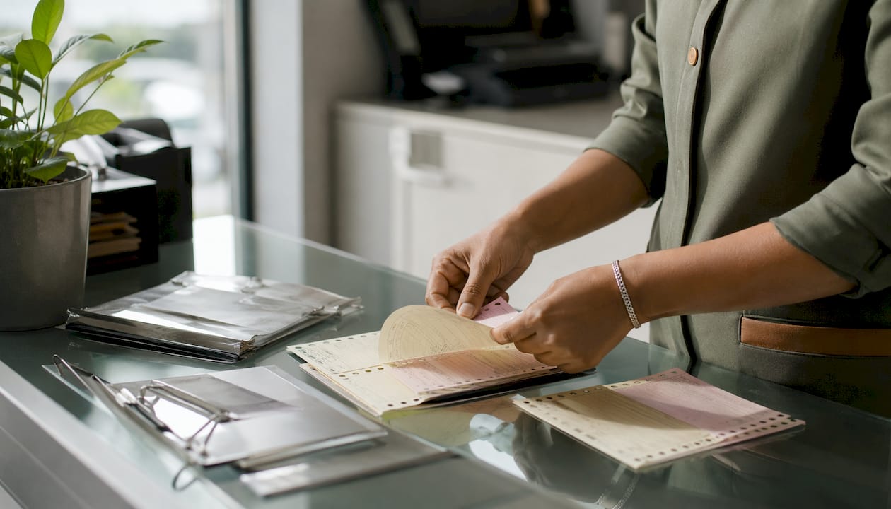 Hands numbering valet tickets on desk