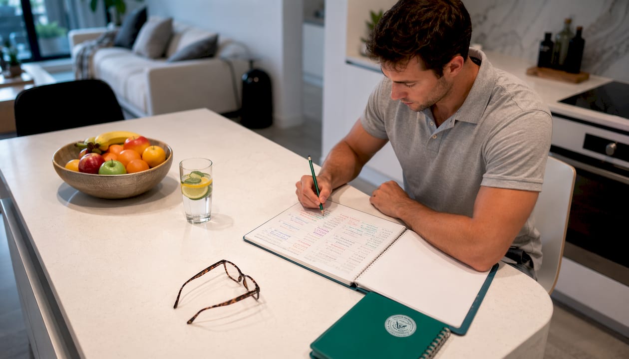 Man reviewing meal plan and grocery list