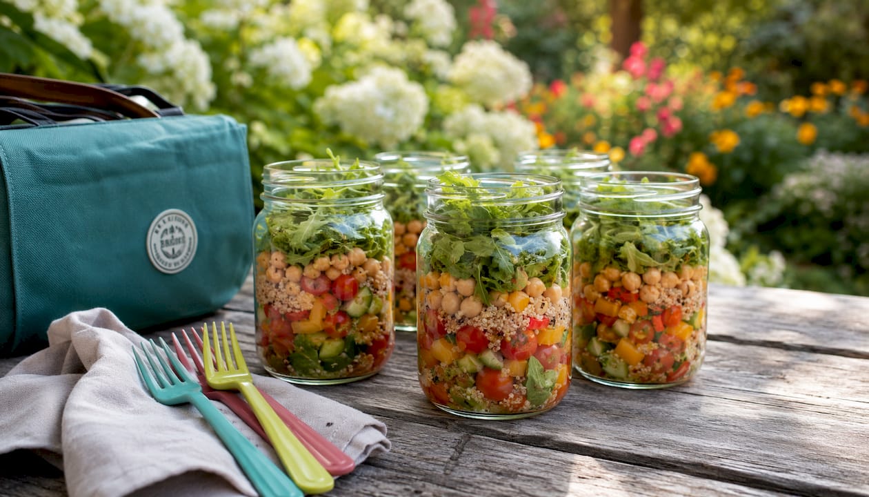 Mason jar salads on picnic table outdoors