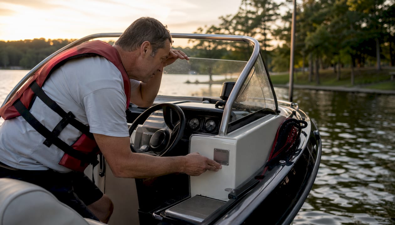 Person checking boat capacity plate at dock