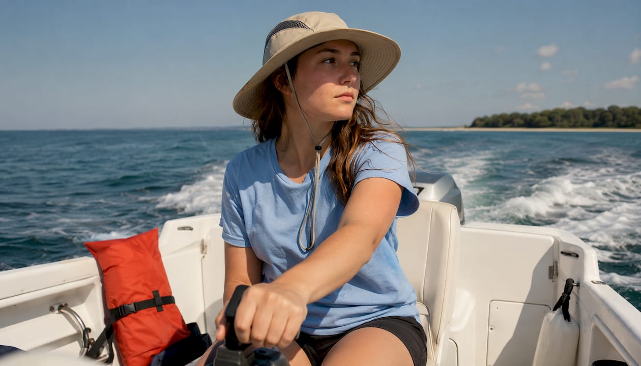 Woman steering small boat on waves