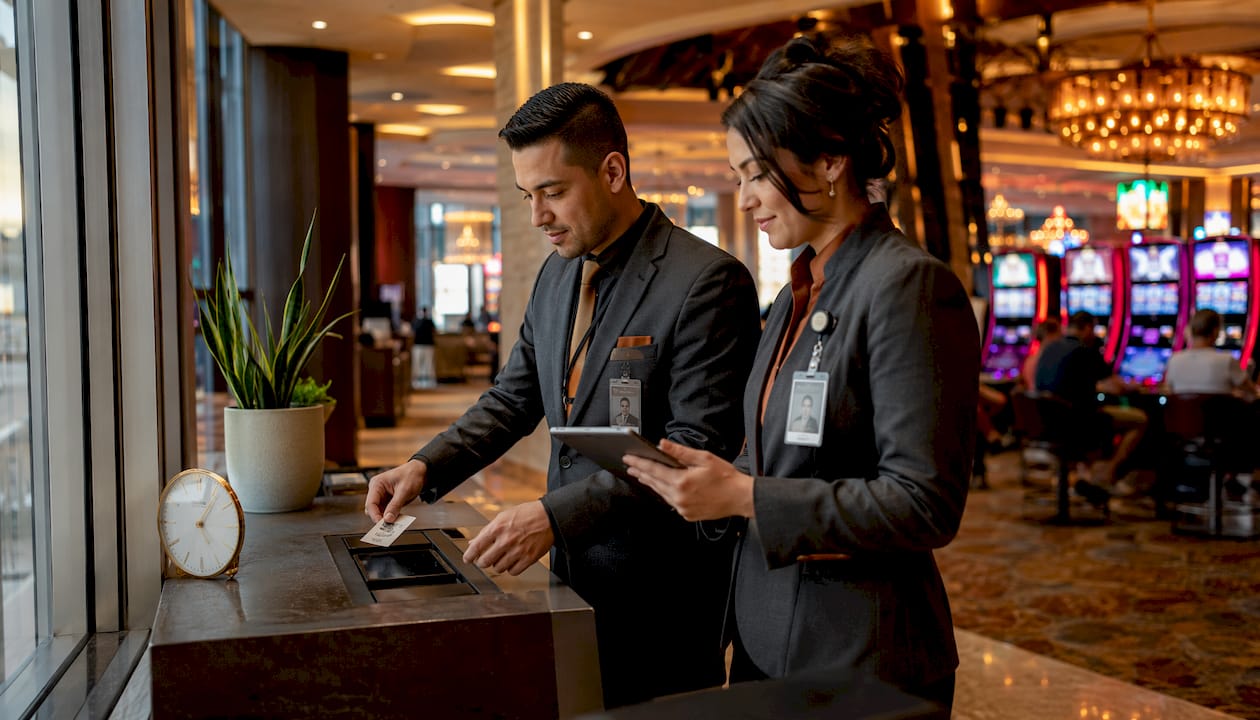 Casino employees validating barcode parking tickets indoors