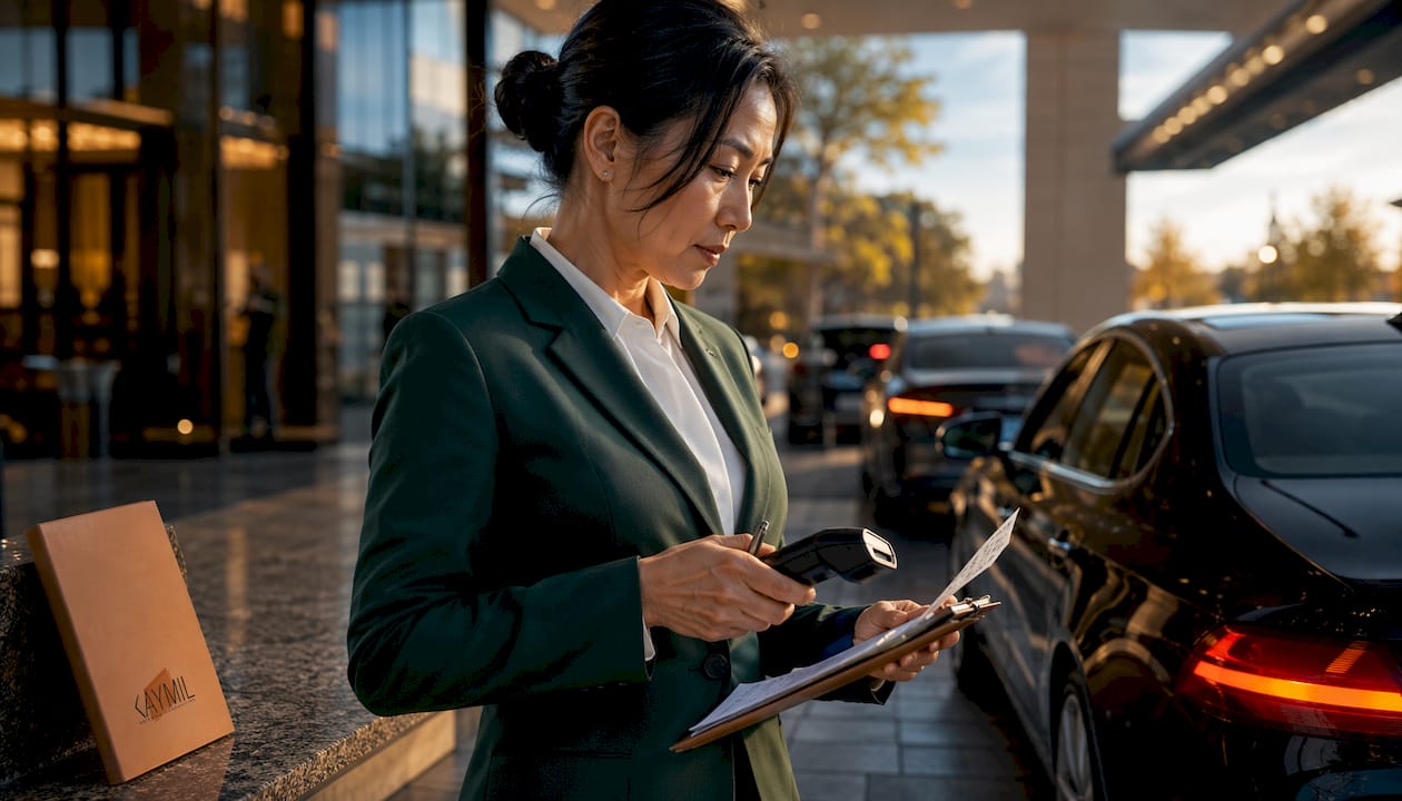 Casino parking manager scanning barcode ticket at valet podium