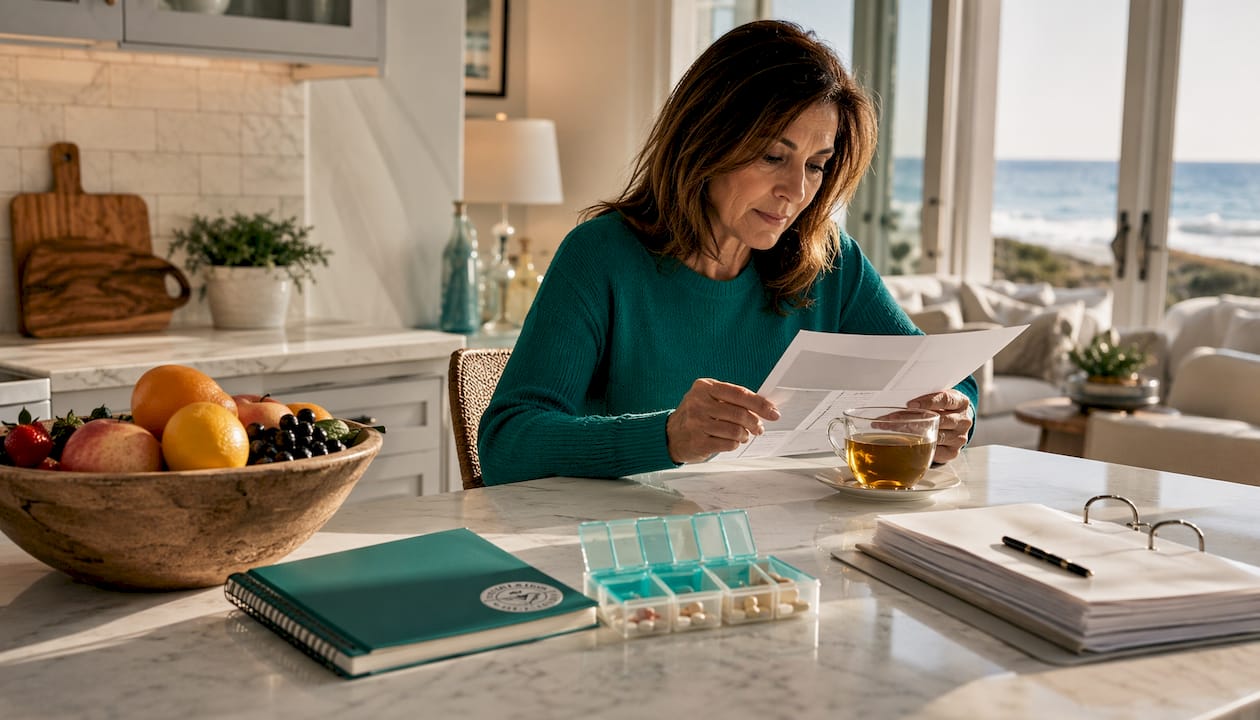 Woman reviewing GLP-1 medication info at kitchen table