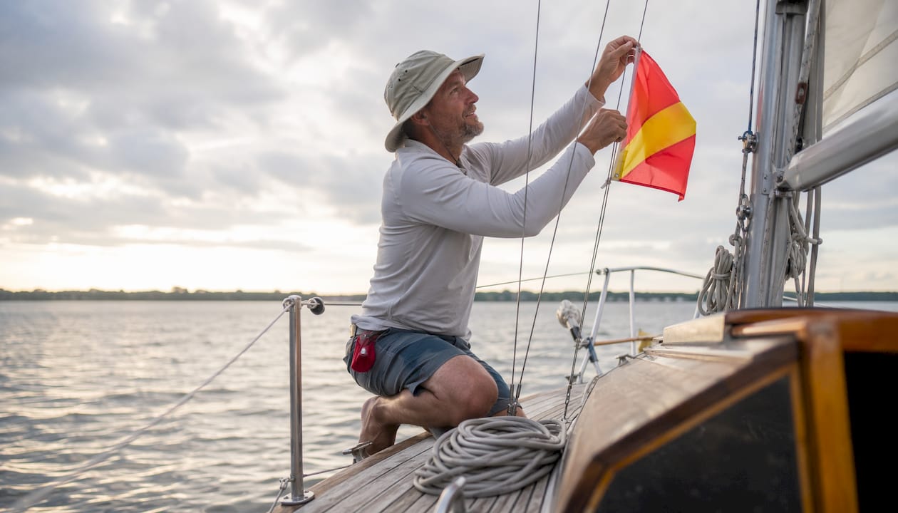 Boater hoisting a maritime signal flag on sailboat deck