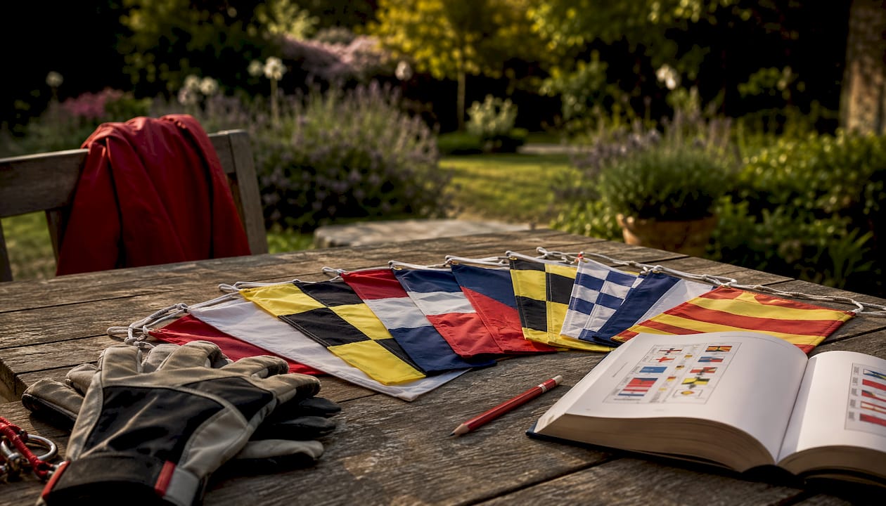 Overhead view of nautical signal flags laid out
