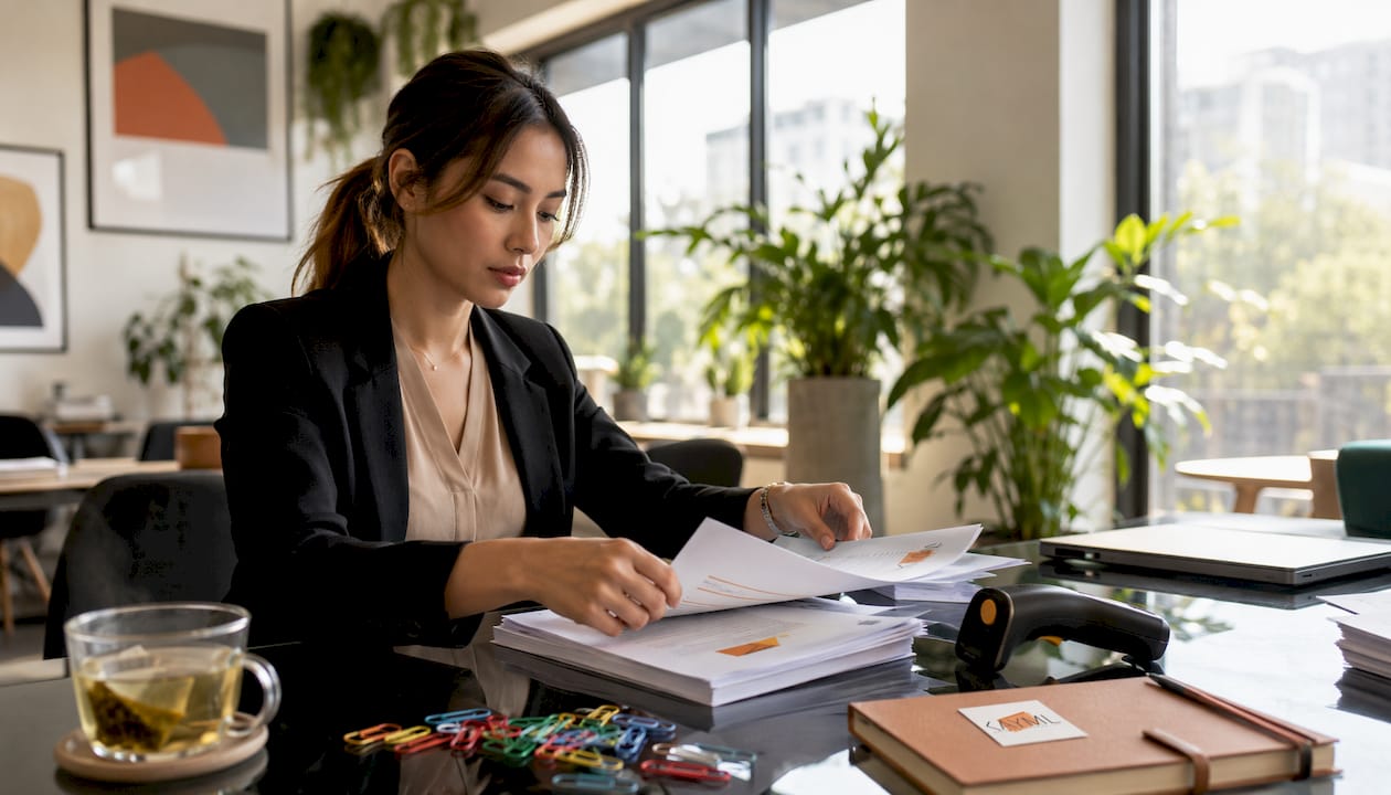 Event operator sorting printed permits at office table