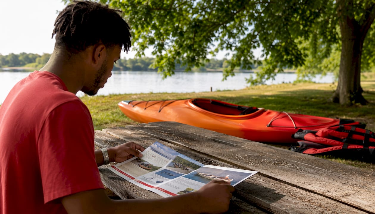 Hands holding tablet with boating safety course outdoors