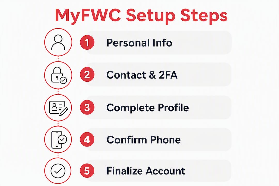 Infographic showing numbered MyFWC account setup steps